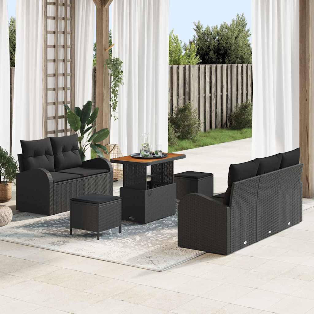 8 Gabaliukų Sodo Sofa Komplektas su Pagalvėlėmis Juodas Poli Ratanas Akacijų