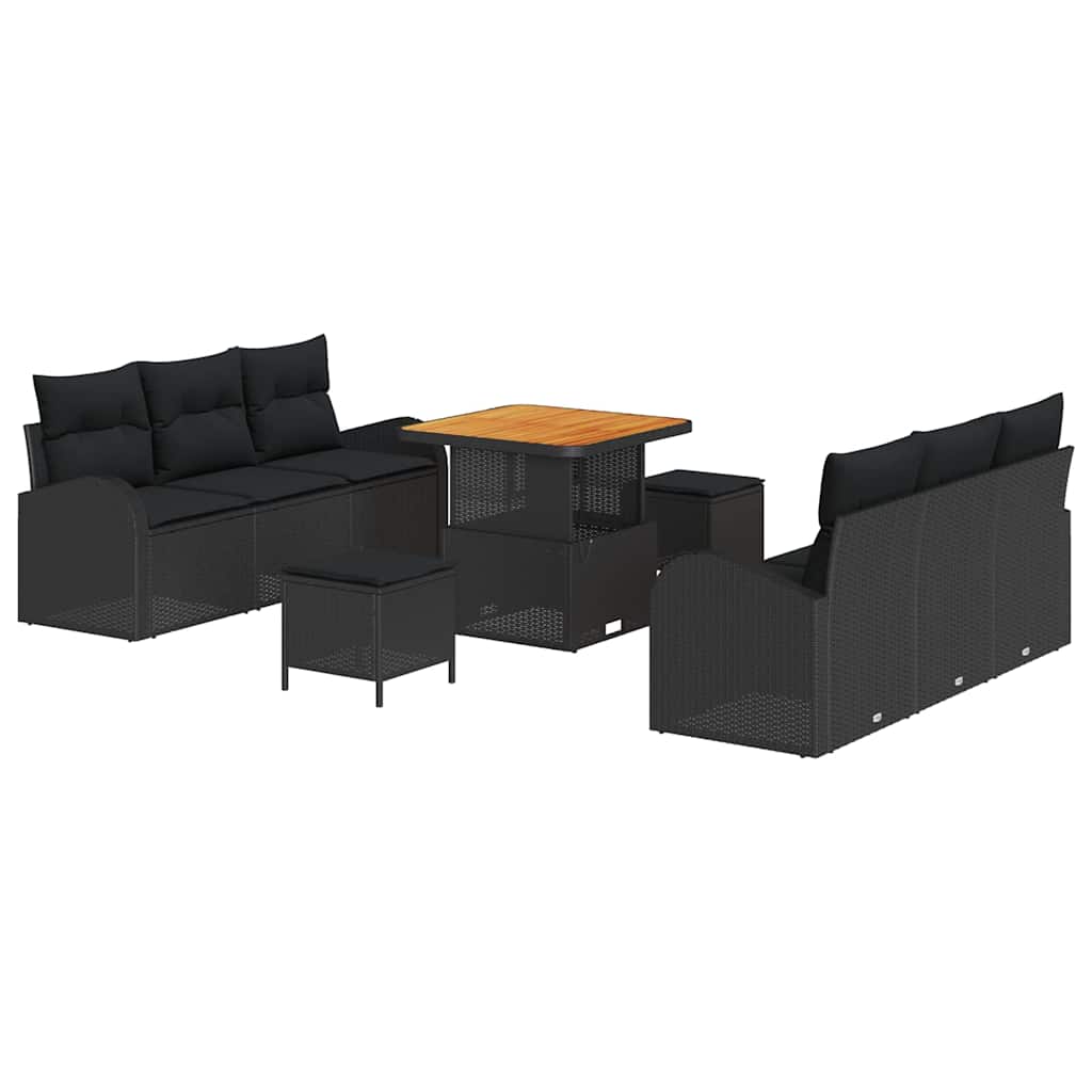 9 Dalių Sodo Sofa Rinkinys Su Pagalvėmis Juodas Poli Ratanas Akacija