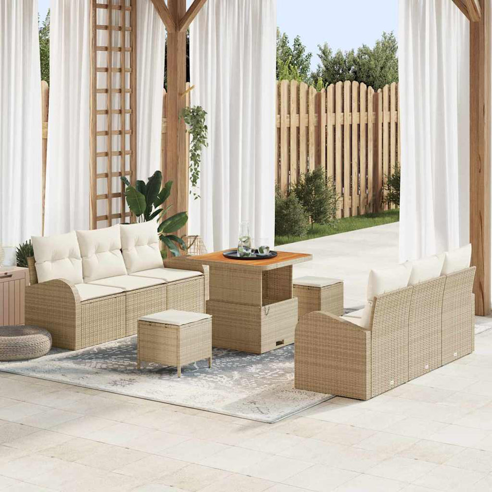 9 Dalių Sodo Sofa Rinkinys su Pagalvėmis Smėlio Poli Ratanas Akacijos