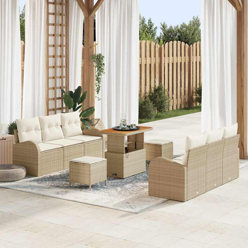 9 dalių sodo sofa komplektas su pagalvėmis Smėlio poliratanas akacija
