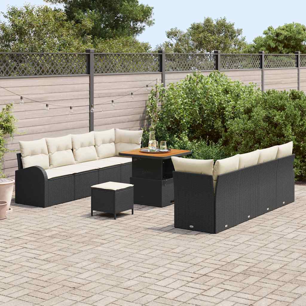11 Dalių Sodo Sofa Komplektas su Pagalvėlėmis Juodas Poli Ratanas Akacijos