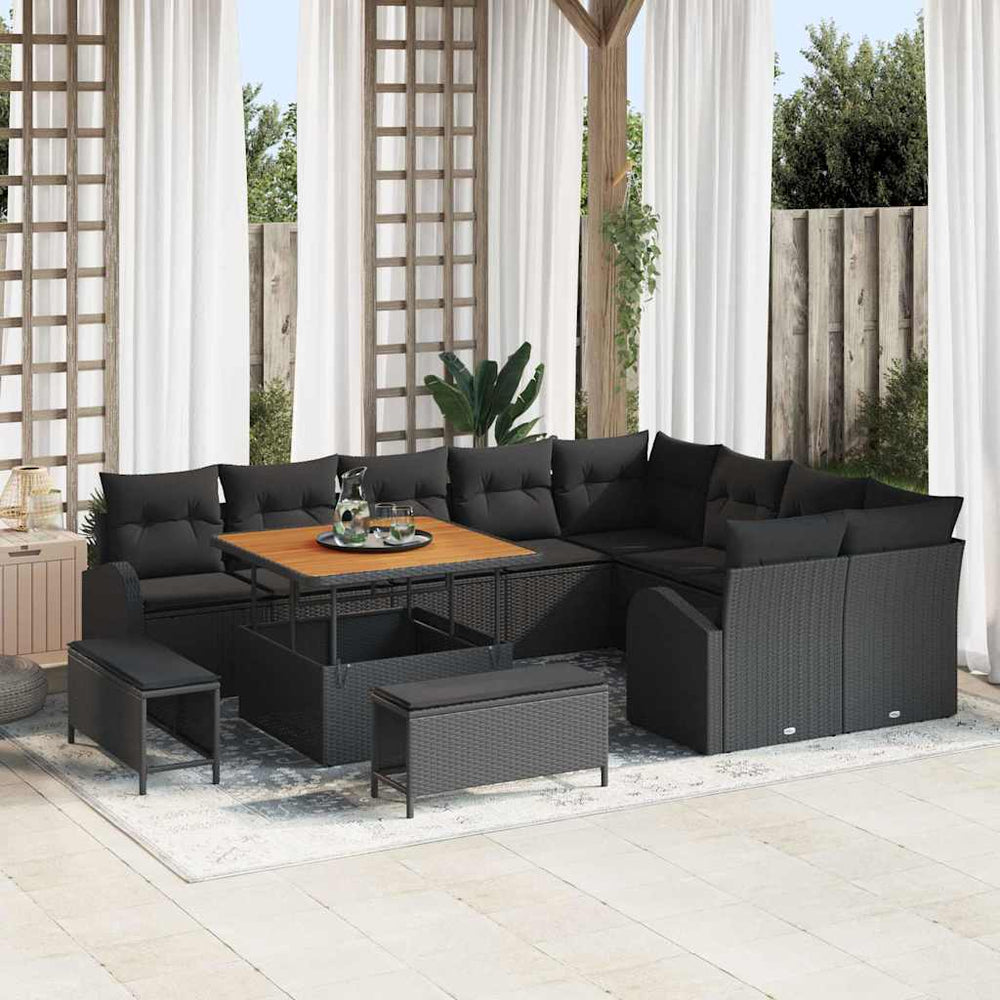 12 dalių Sodo Sofa Rinkinys su Pagalvėmis Juoda Poli Ratanas Akacijos