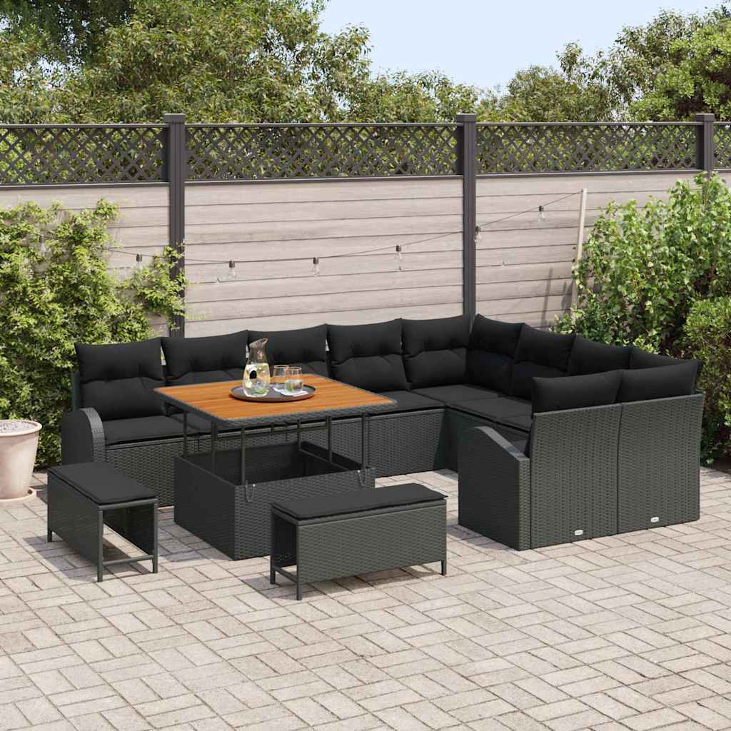 12 dalių Sodo Sofa Rinkinys su Pagalvėmis Juoda Poli Ratanas Akacijos