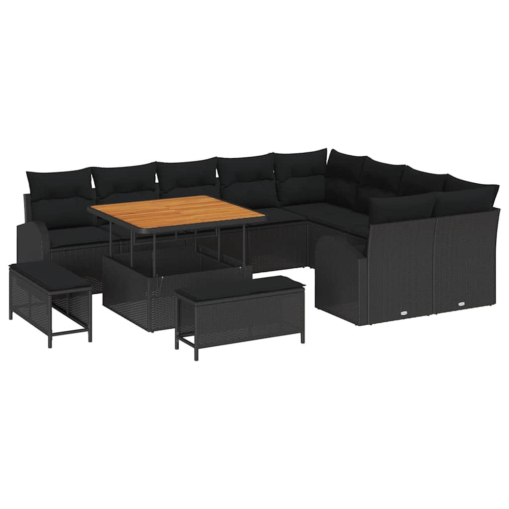 12 dalių Sodo Sofa Rinkinys su Pagalvėmis Juoda Poli Ratanas Akacijos