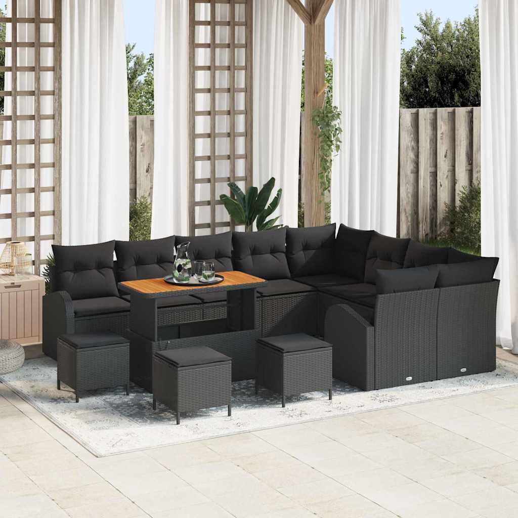 13 dalių sodo sofa rinkinys su pagalvėmis Juodas Poli ratanas Akacija