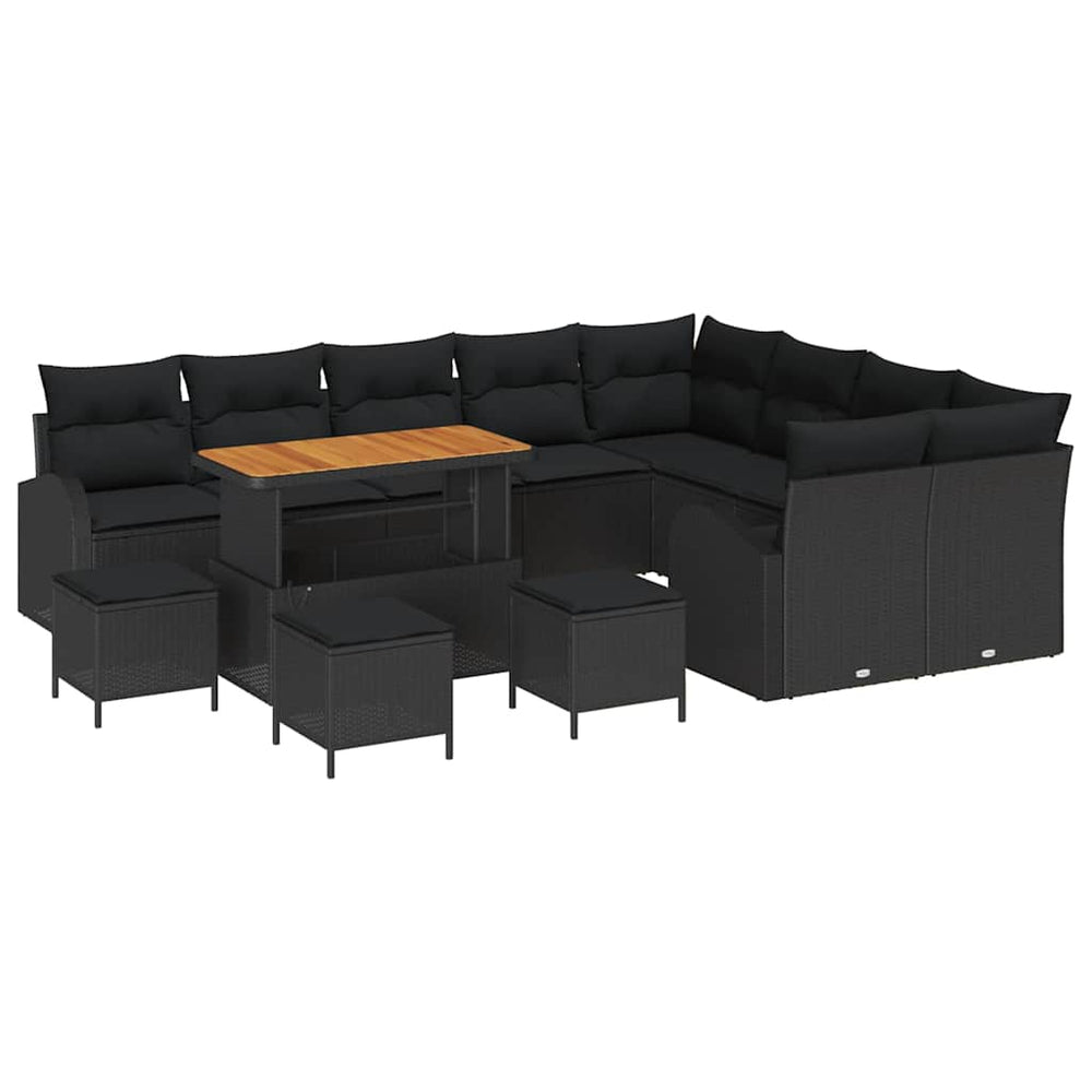 13 dalių sodo sofa rinkinys su pagalvėmis Juodas Poli ratanas Akacija
