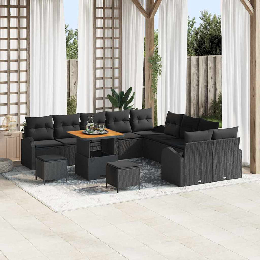 13 dalių sodo sofa komplektas su pagalvėmis juodas poli ratanas akacija