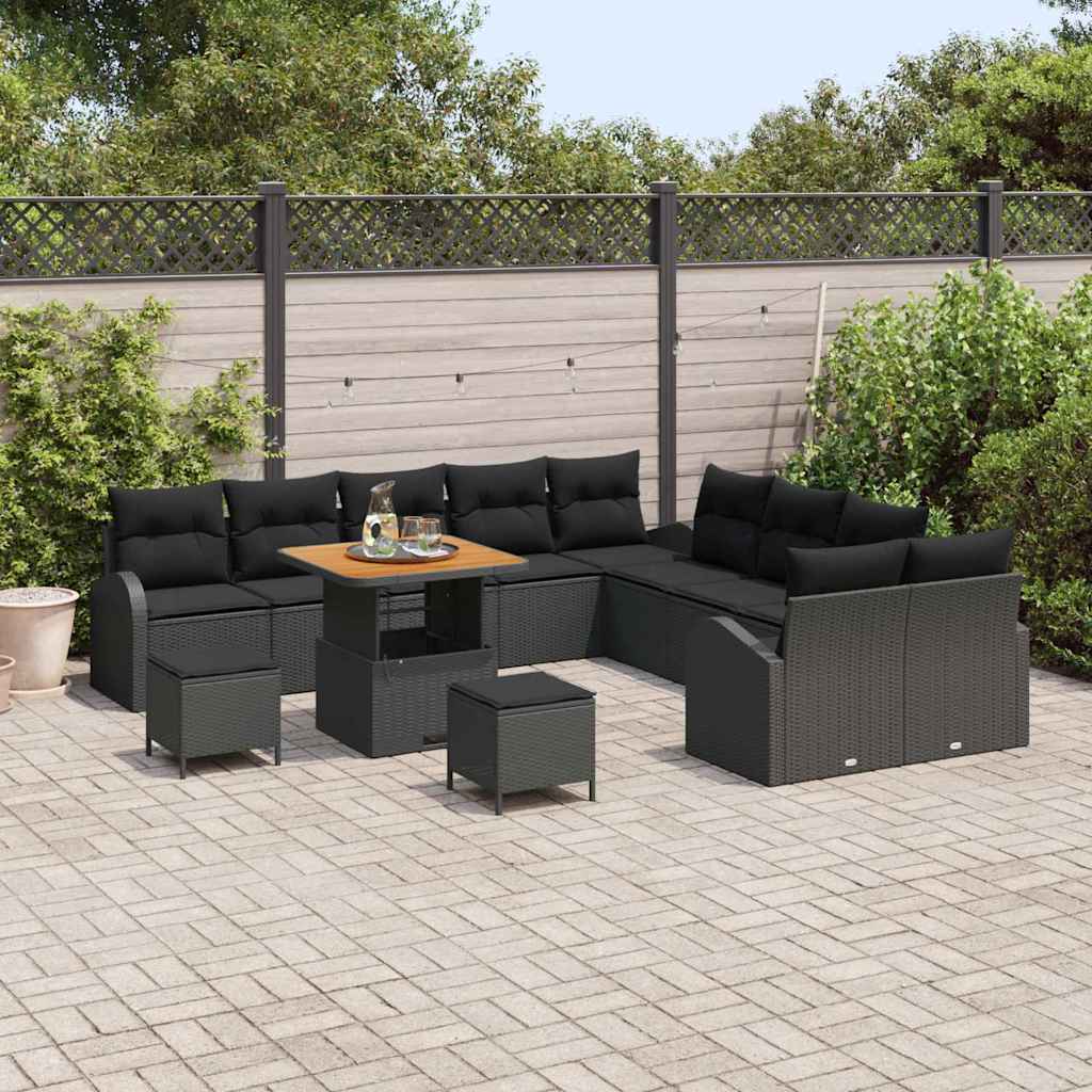 13 dalių sodo sofa komplektas su pagalvėmis juodas poli ratanas akacija