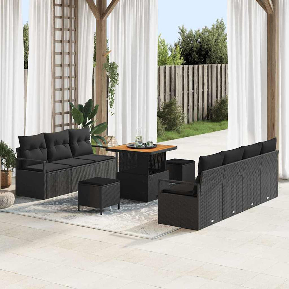 10 Dalių Sodo Sofa Komplektas su Pagalvėlėmis Juodas Poli Ratanas Akacijos