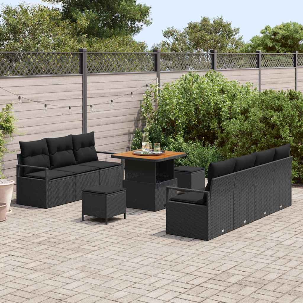 10 Dalių Sodo Sofa Komplektas su Pagalvėlėmis Juodas Poli Ratanas Akacijos