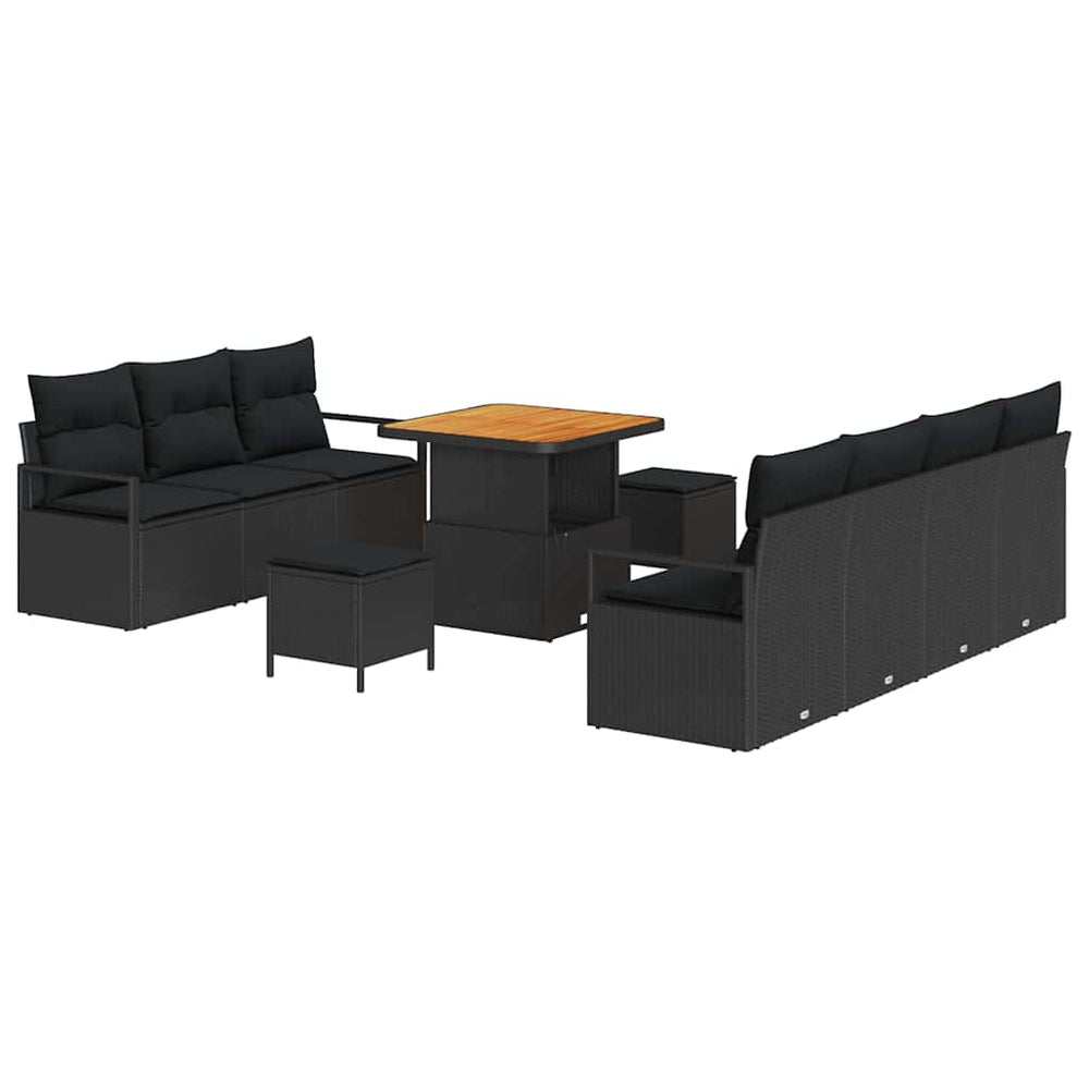 10 Dalių Sodo Sofa Komplektas su Pagalvėlėmis Juodas Poli Ratanas Akacijos