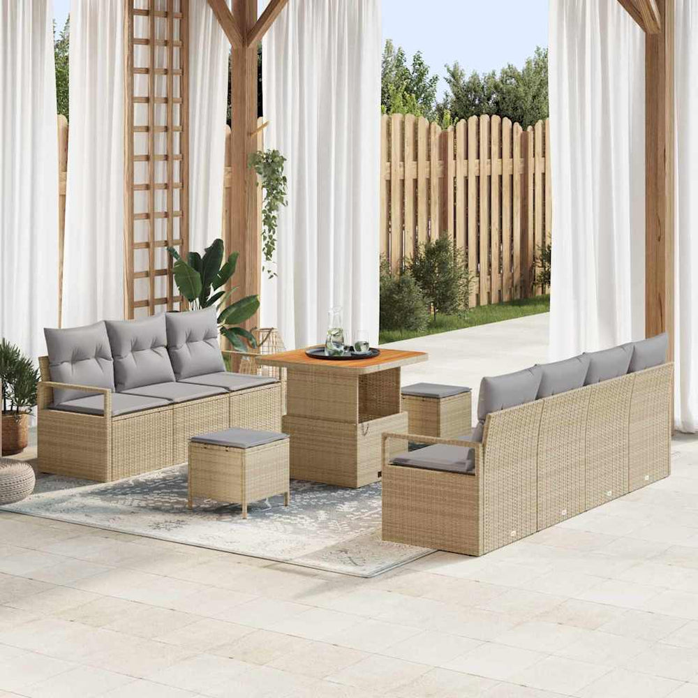10 dalių sodo sofa komplektas su pagalvėmis smėlio spalvos poli ratanas akacija