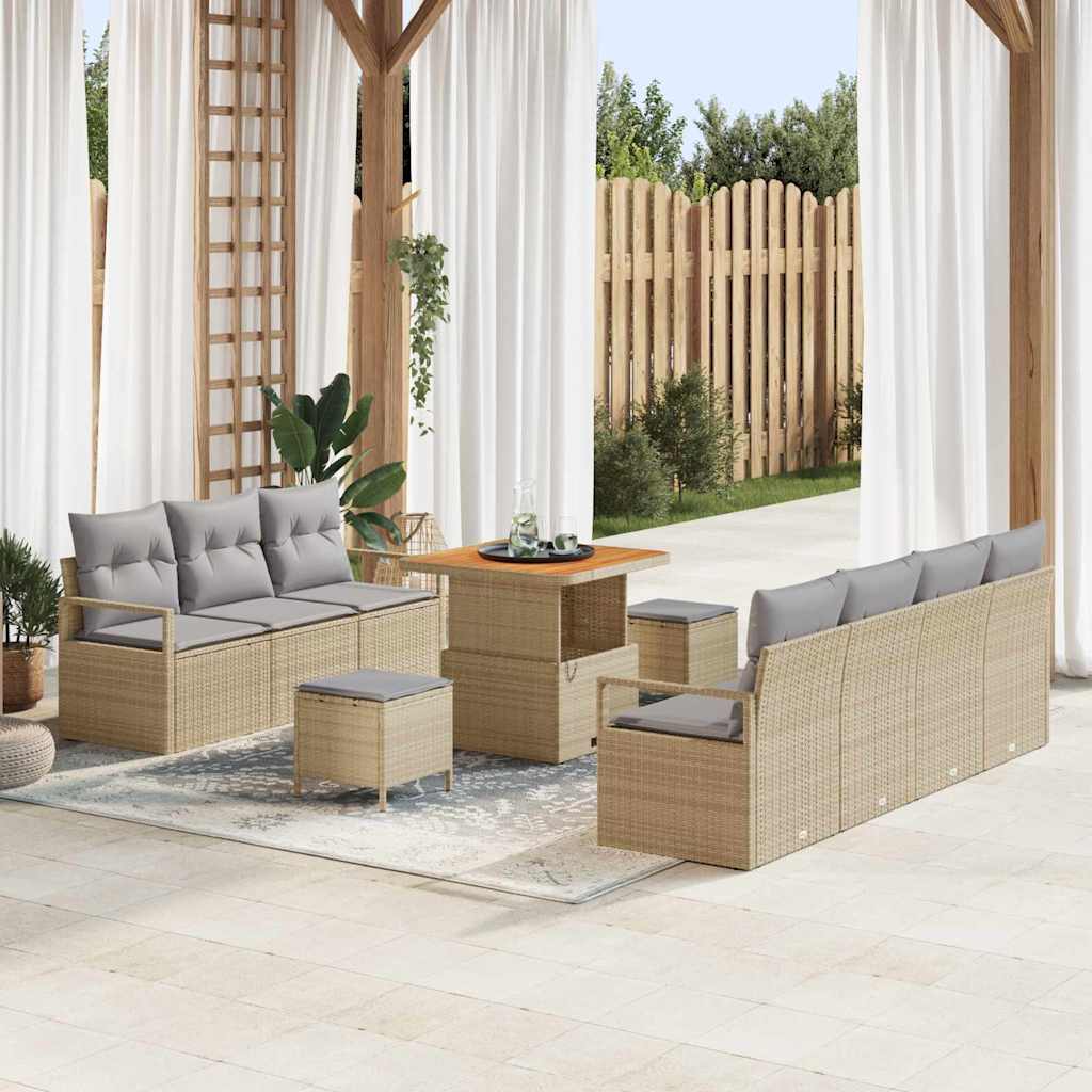 10 dalių sodo sofa komplektas su pagalvėmis smėlio spalvos poli ratanas akacija