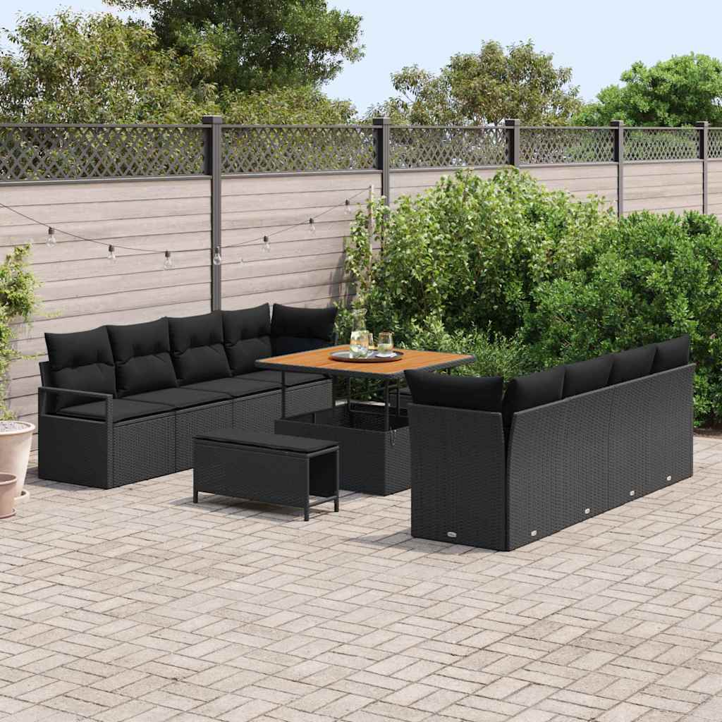 11 dalių sodo sofa komplektas su pagalvėlėmis juodas poliratanas akacijų