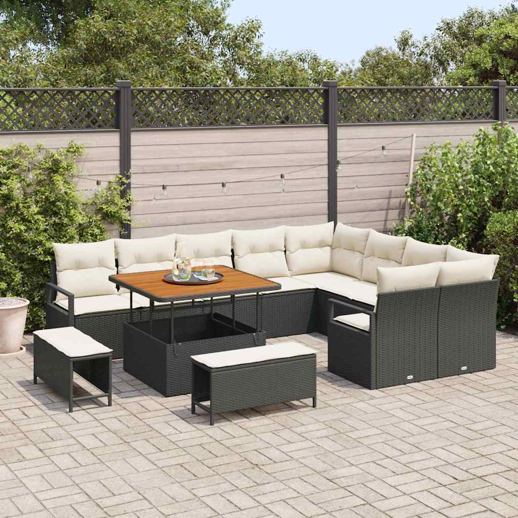 12 dalių Sodo Sofa Rinkinys su Pagalvėmis Juodas Poli Ratanas Akacija