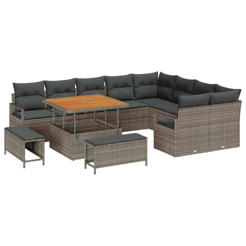 12 Dalių Sodo Sofa Rinkinys su Pagalvėlėmis Pilka Poli Ratanas Akacija