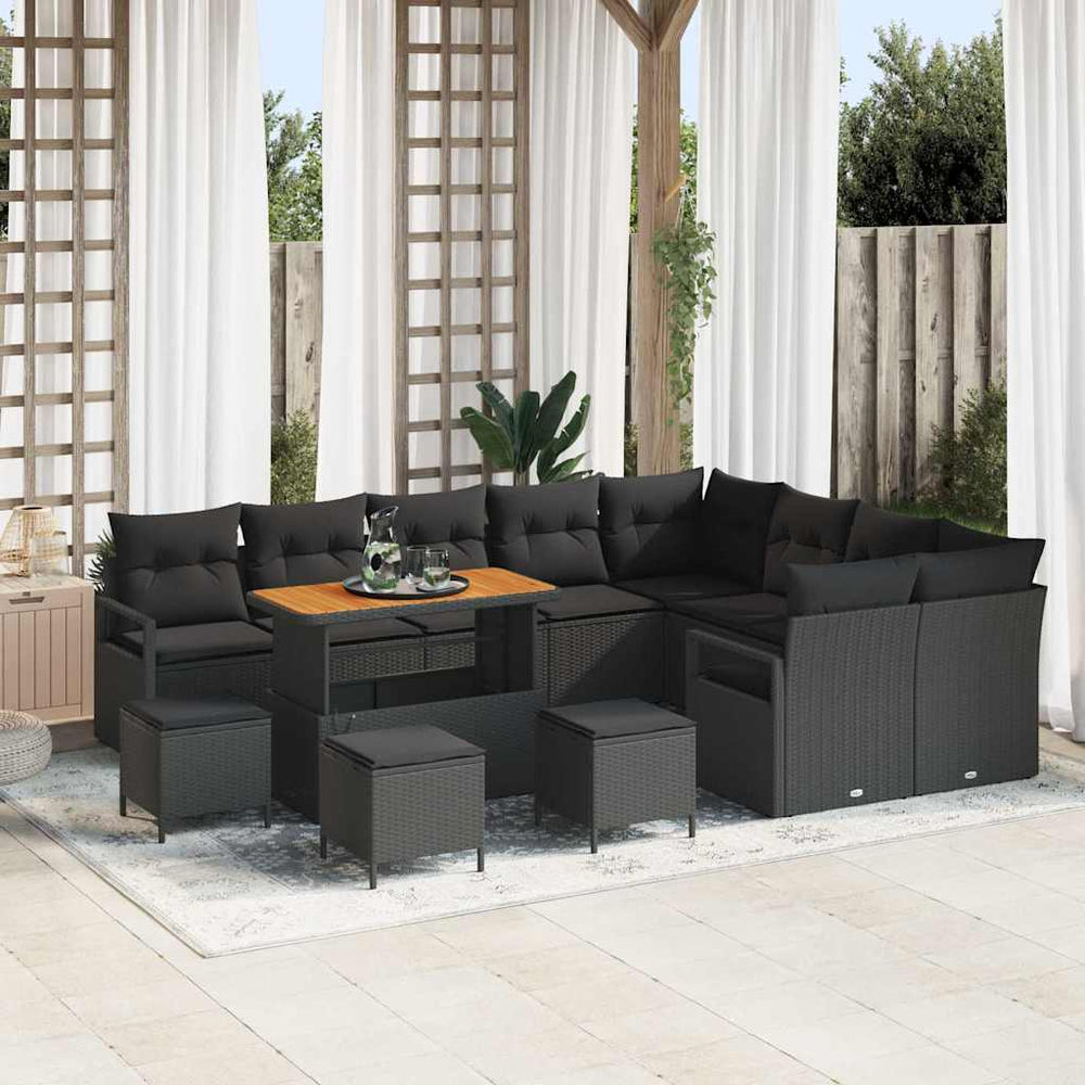 13 dalių sodo sofa komplektas su pagalvėlėmis Juoda Poli ratanas Akacija