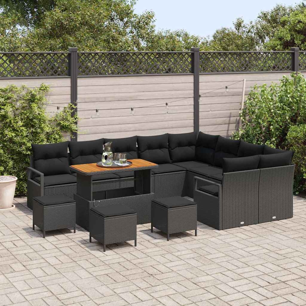 13 dalių sodo sofa komplektas su pagalvėlėmis Juoda Poli ratanas Akacija