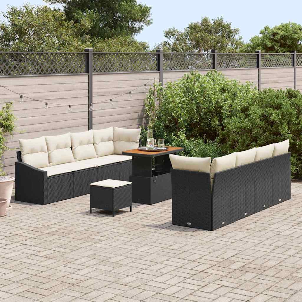 11 dalių sodo sofa rinkinys su pagalvėlėmis Juoda Poli ratanas Akacija