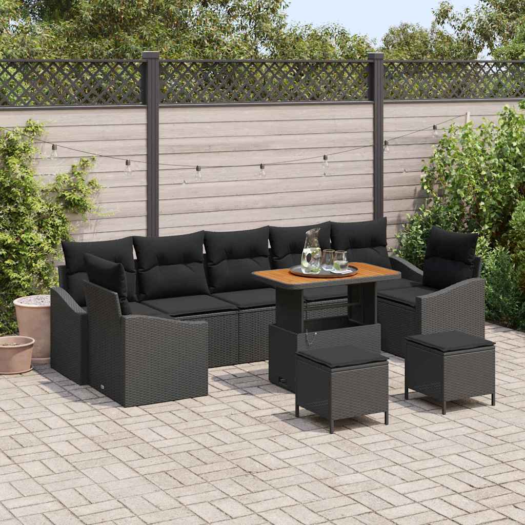 10 dalių sodo sofa su pagalvėmis juoda polirataninė akacija