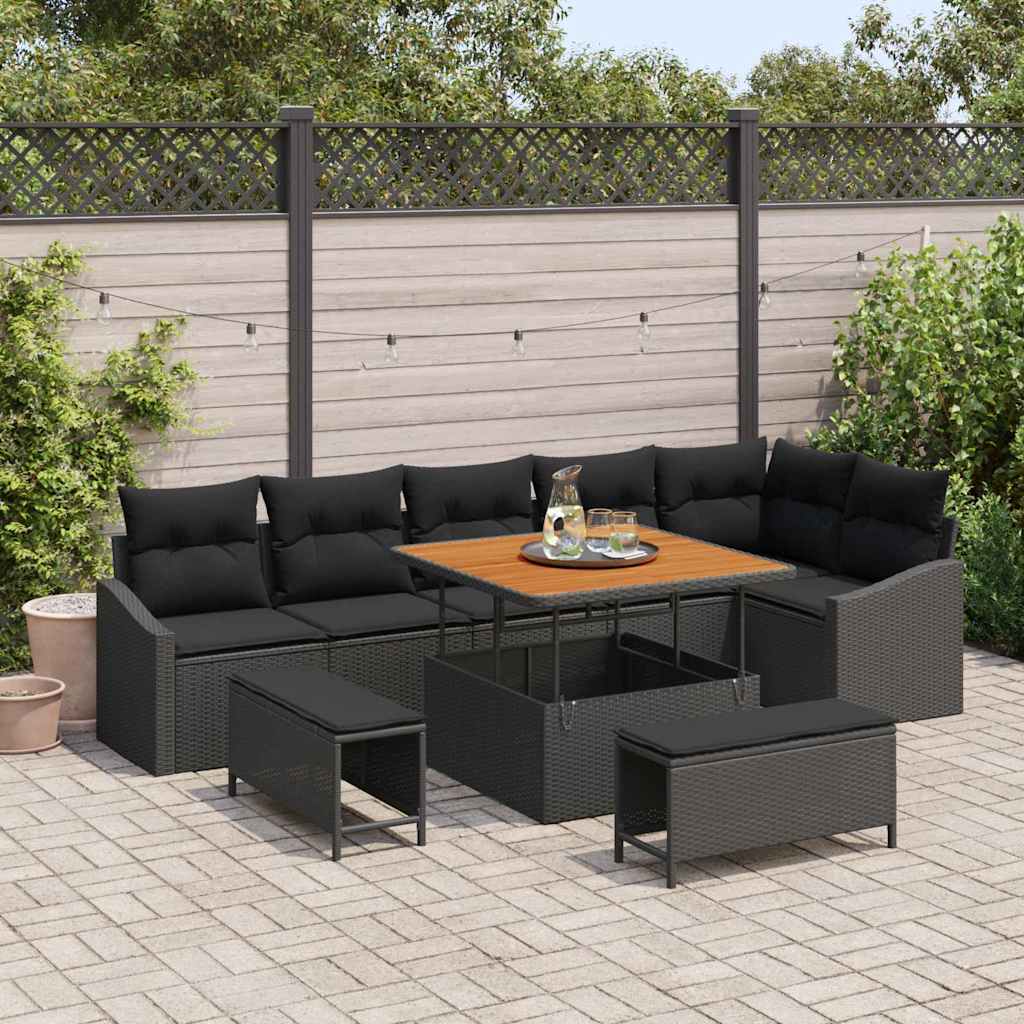 Garden Sofa Set with Cushion 9 pcs Black Poly Rattan