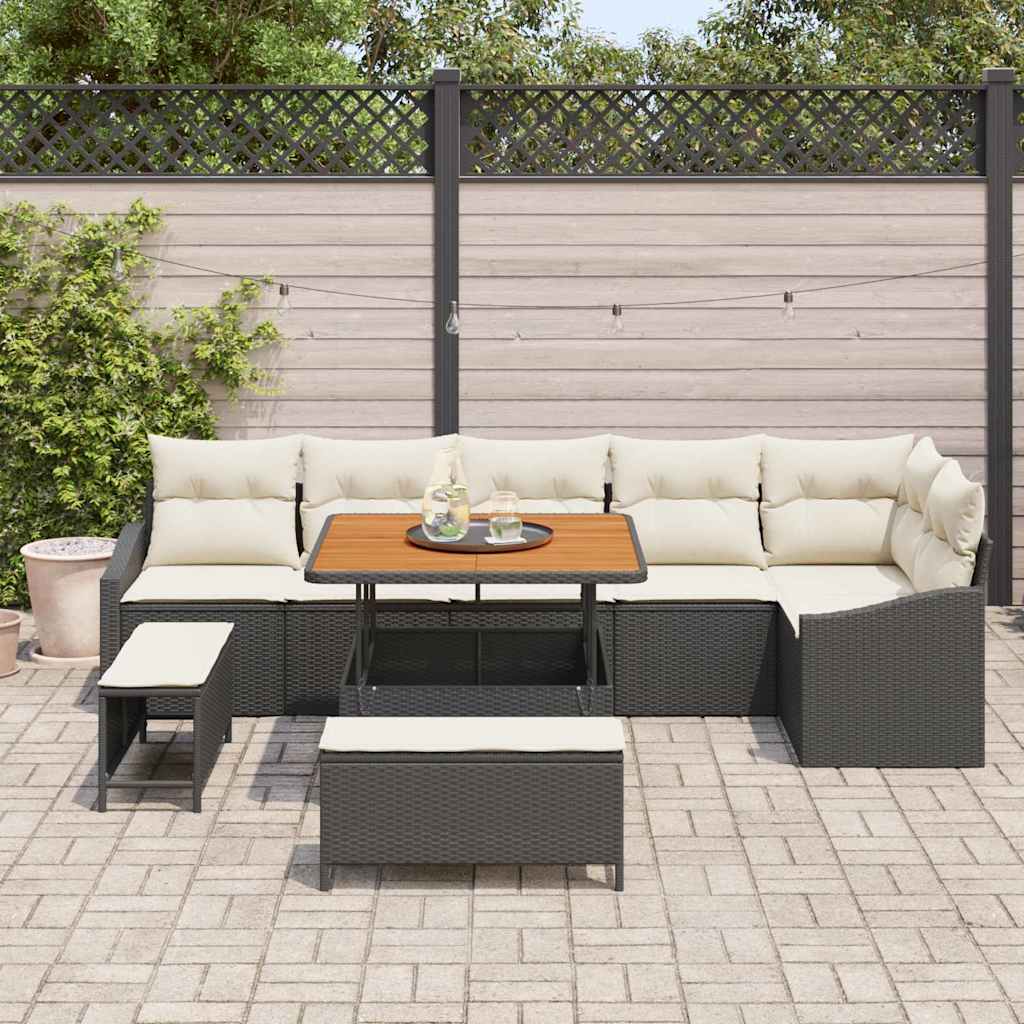 9 dalių sodo sofa rinkinys su pagalvėlėmis Juoda Poli ratanas Akacija