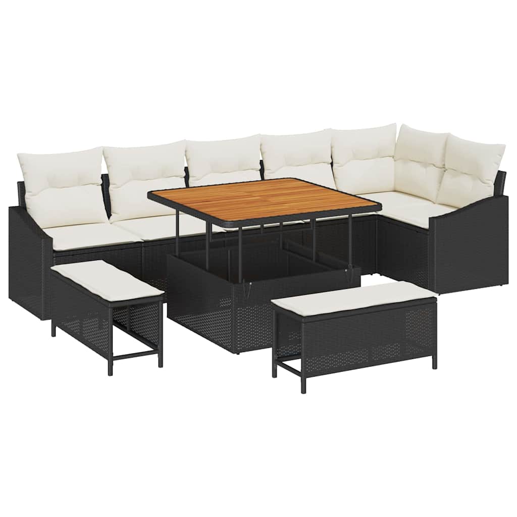 9 dalių sodo sofa rinkinys su pagalvėlėmis Juoda Poli ratanas Akacija