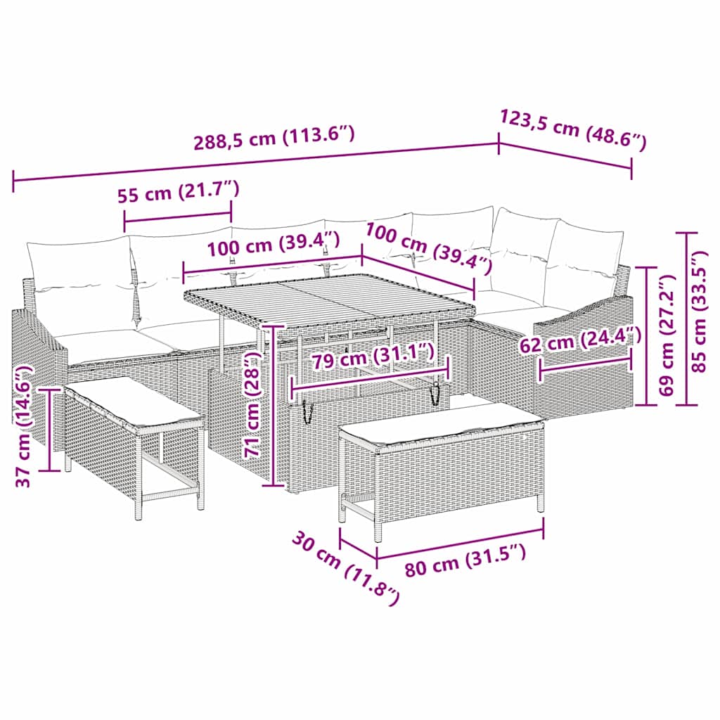 9 dalių sodo sofa rinkinys su pagalvėlėmis Juoda Poli ratanas Akacija