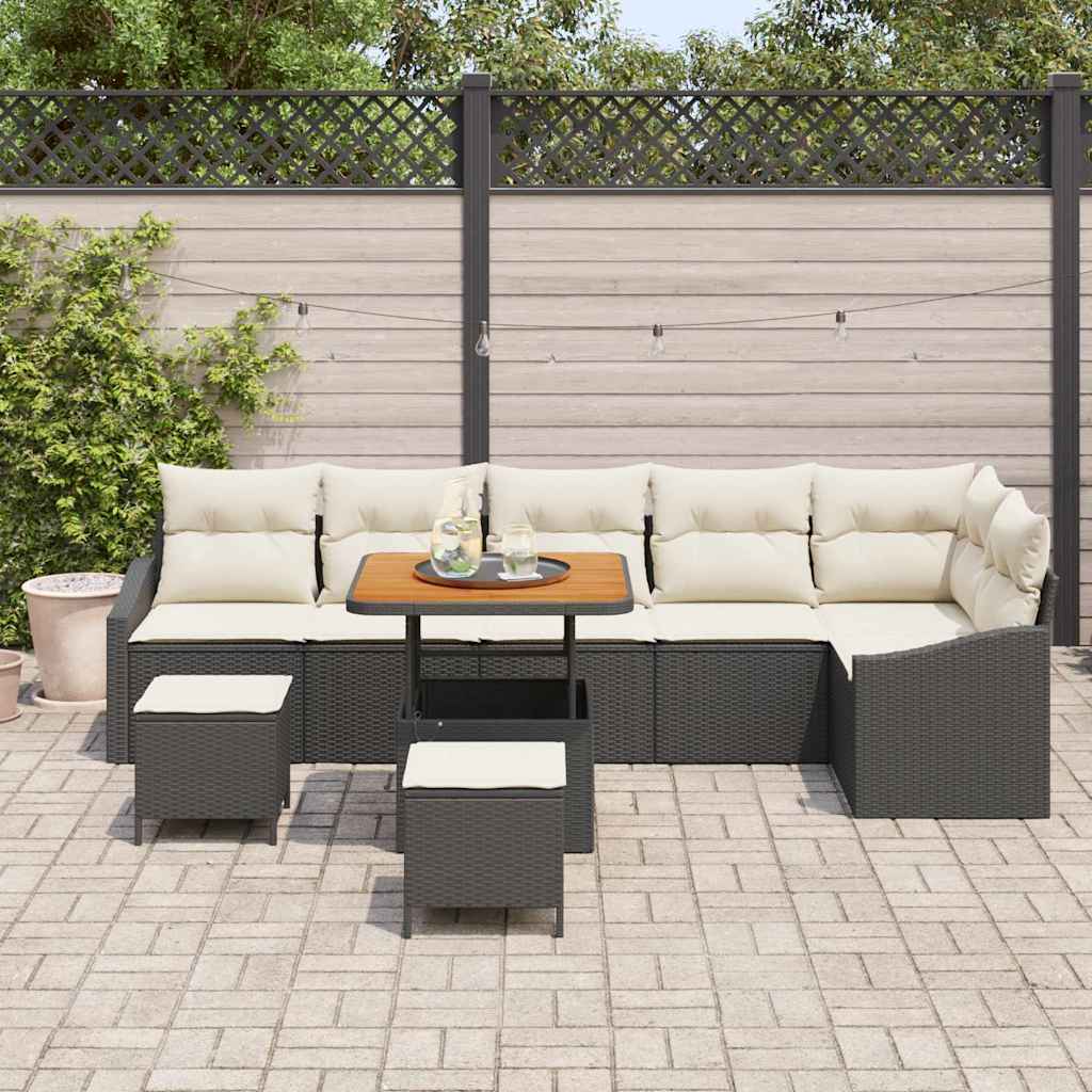 9 dalių sodų sofa komplektas su pagalvėmis Juoda Poli ratanas Akacija
