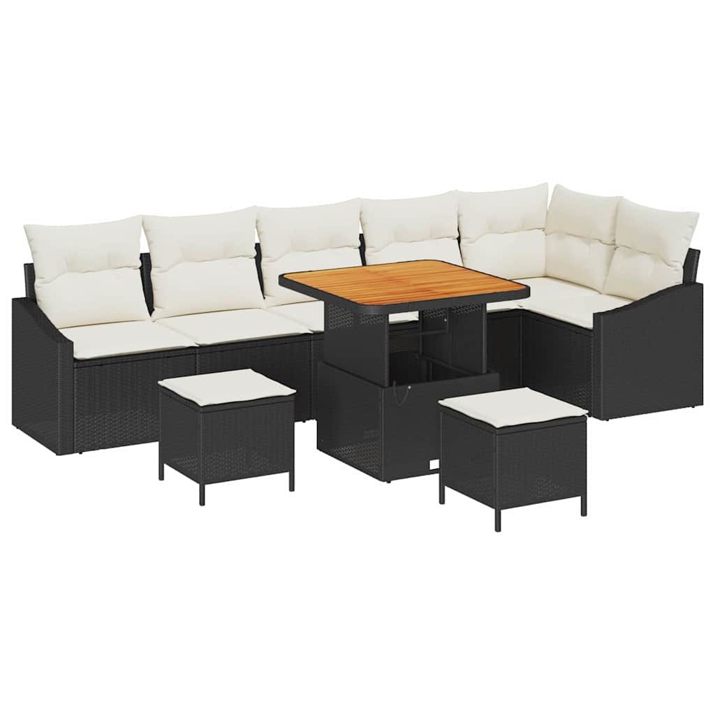9 dalių sodų sofa komplektas su pagalvėmis Juoda Poli ratanas Akacija