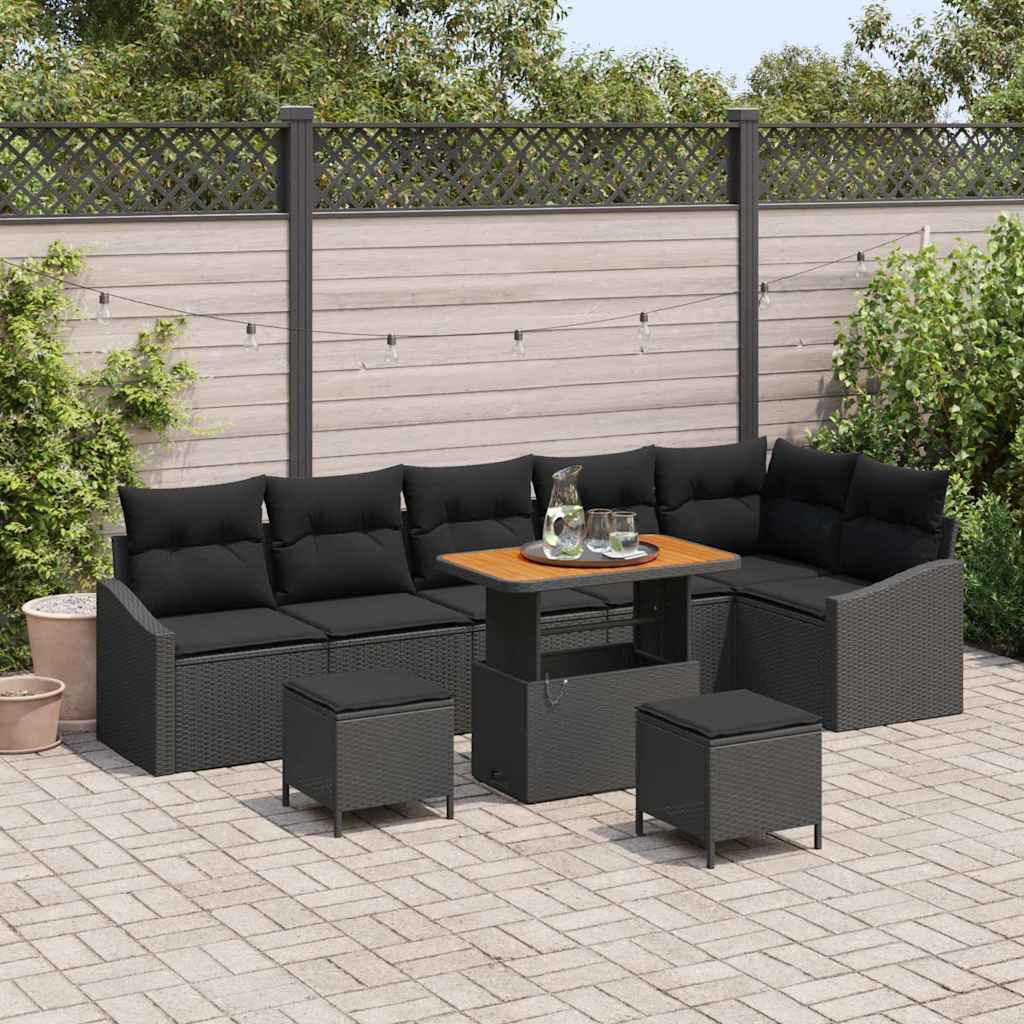 Garden Sofa Set with Cushion 9 pcs Black Poly Rattan