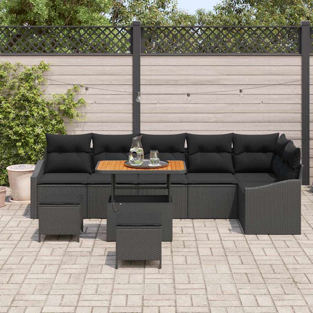 Garden Sofa Set with Cushion 9 pcs Black Poly Rattan