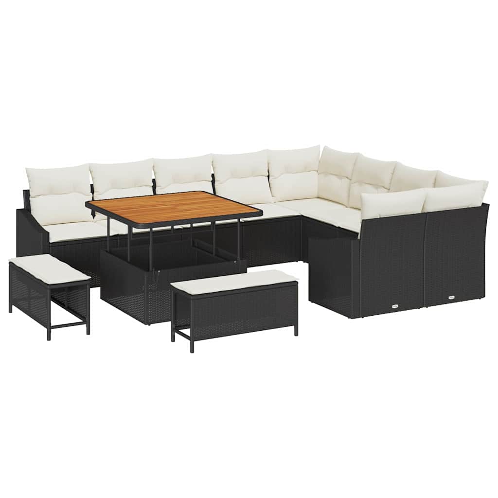 12 dalių sodo sofa rinkinys su pagalvėmis, juodas poliratanas, akacija