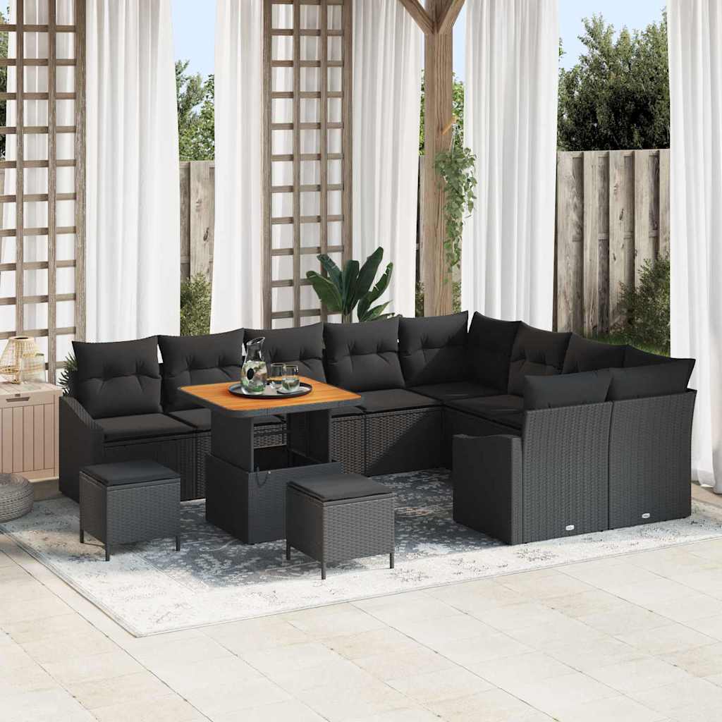 12 dalių sodo sofa rinkinys su pagalvėlėmis Juodas Poli ratanas Akacija