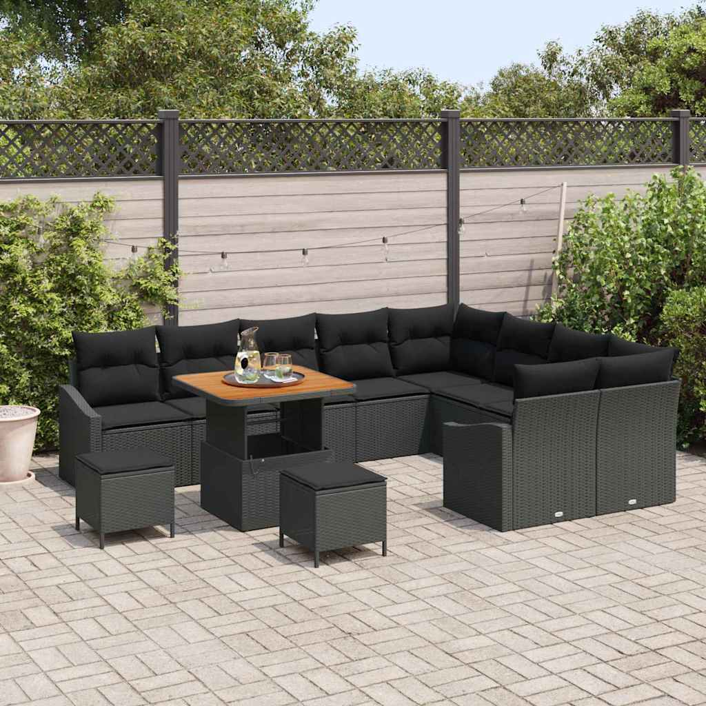 12 dalių sodo sofa rinkinys su pagalvėlėmis Juodas Poli ratanas Akacija