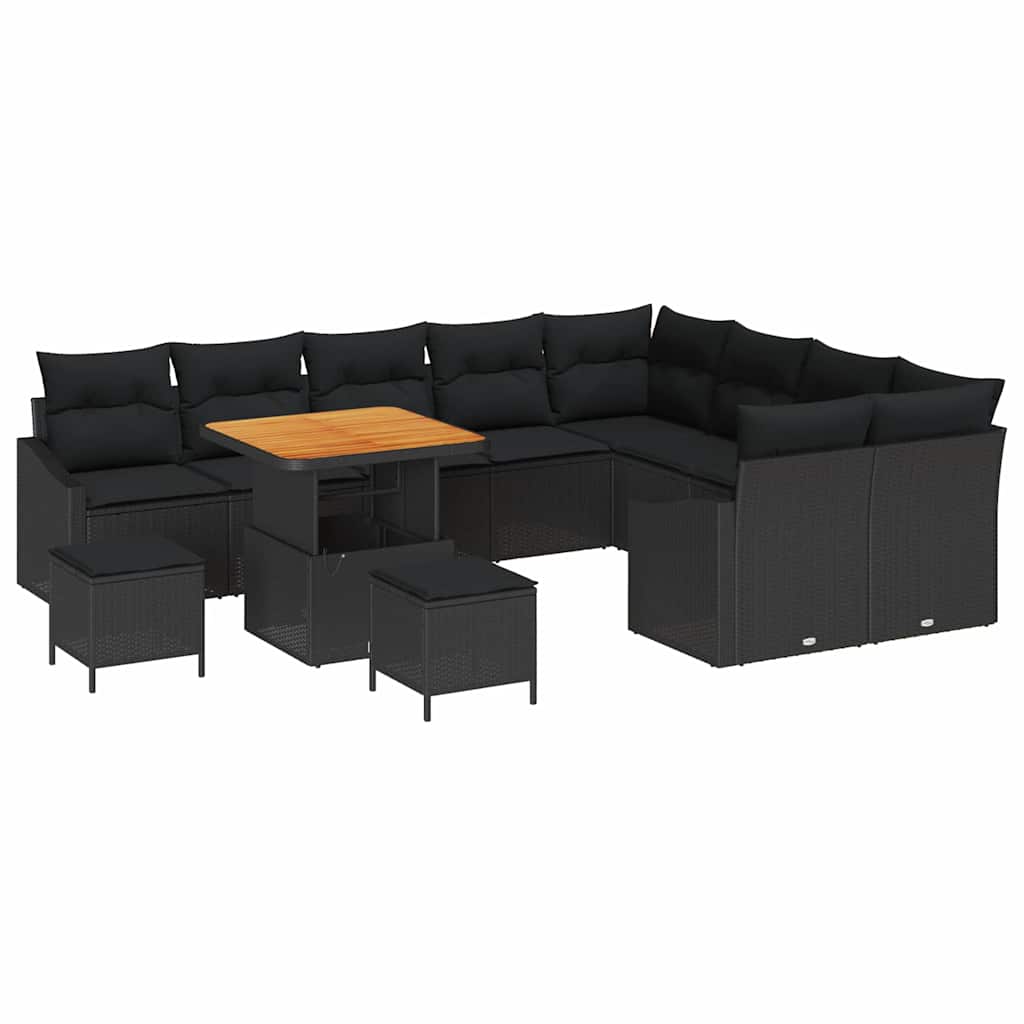 12 dalių sodo sofa rinkinys su pagalvėlėmis Juodas Poli ratanas Akacija