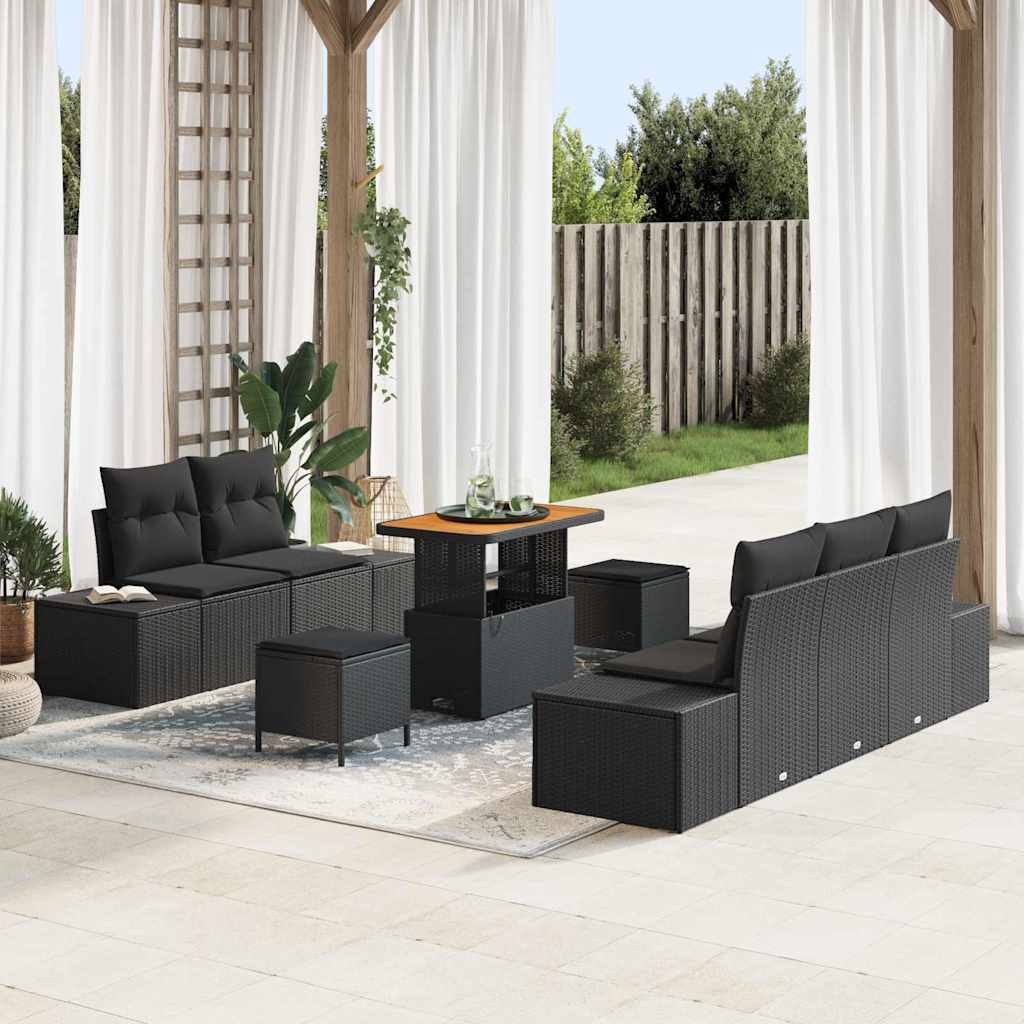 8 dalių sodo sofa komplektas su pagalvėlėmis Juoda Poli ratanas Akacija