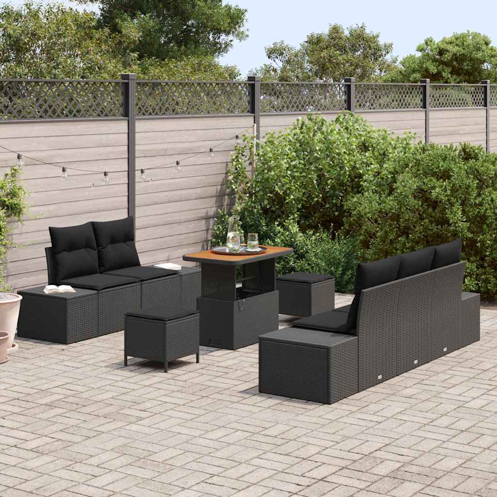 8 dalių sodo sofa komplektas su pagalvėlėmis Juoda Poli ratanas Akacija