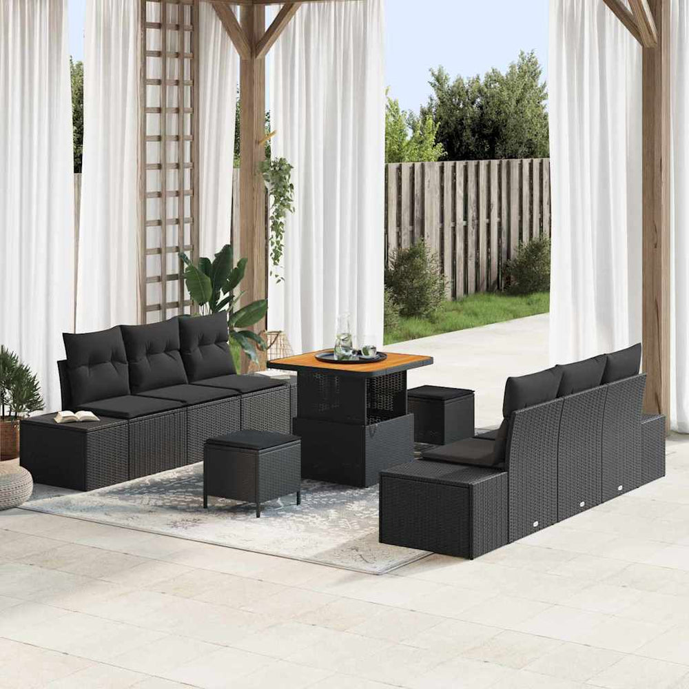 9 dalių sodo sofa komplektas su pagalvėlėmis juodas poli ratanas akacija