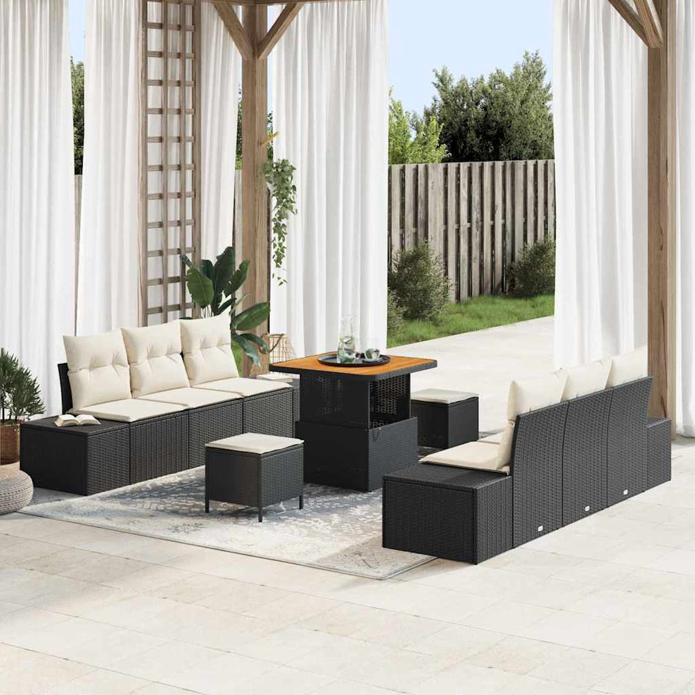 9 Dalių Sodo Sofa Komplektas su Pagalvėmis Juoda Poli Ratanas Akacija