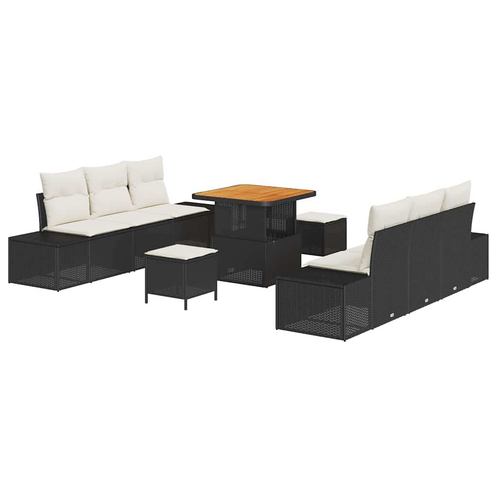 9 Dalių Sodo Sofa Komplektas su Pagalvėmis Juoda Poli Ratanas Akacija