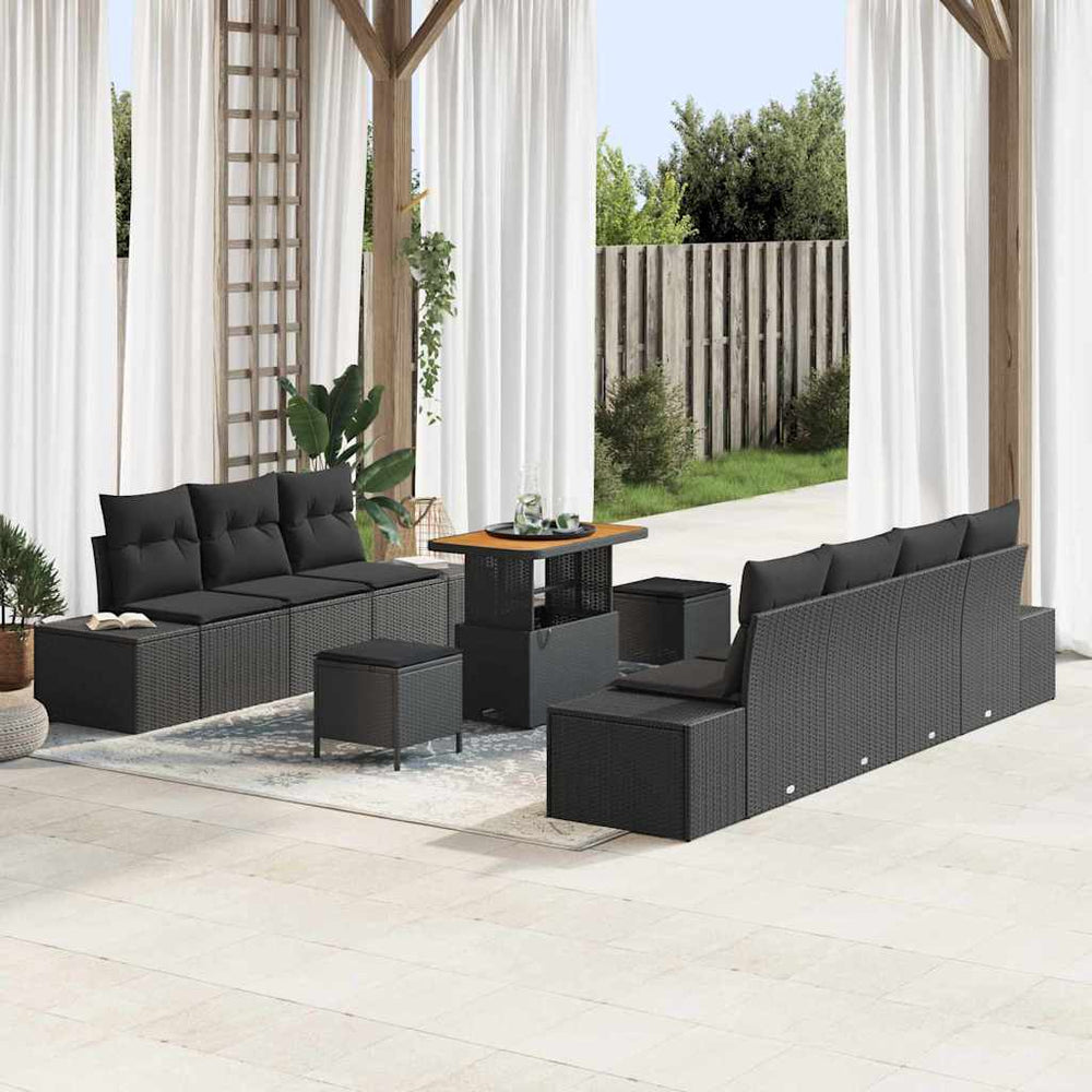 10 dalių sodo sofa rinkinys su pagalvėlėmis Juoda Poliratanas Akacija
