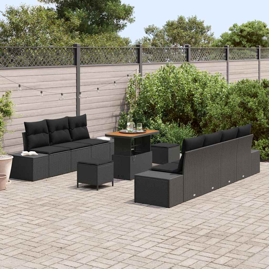 10 dalių sodo sofa rinkinys su pagalvėlėmis Juoda Poliratanas Akacija