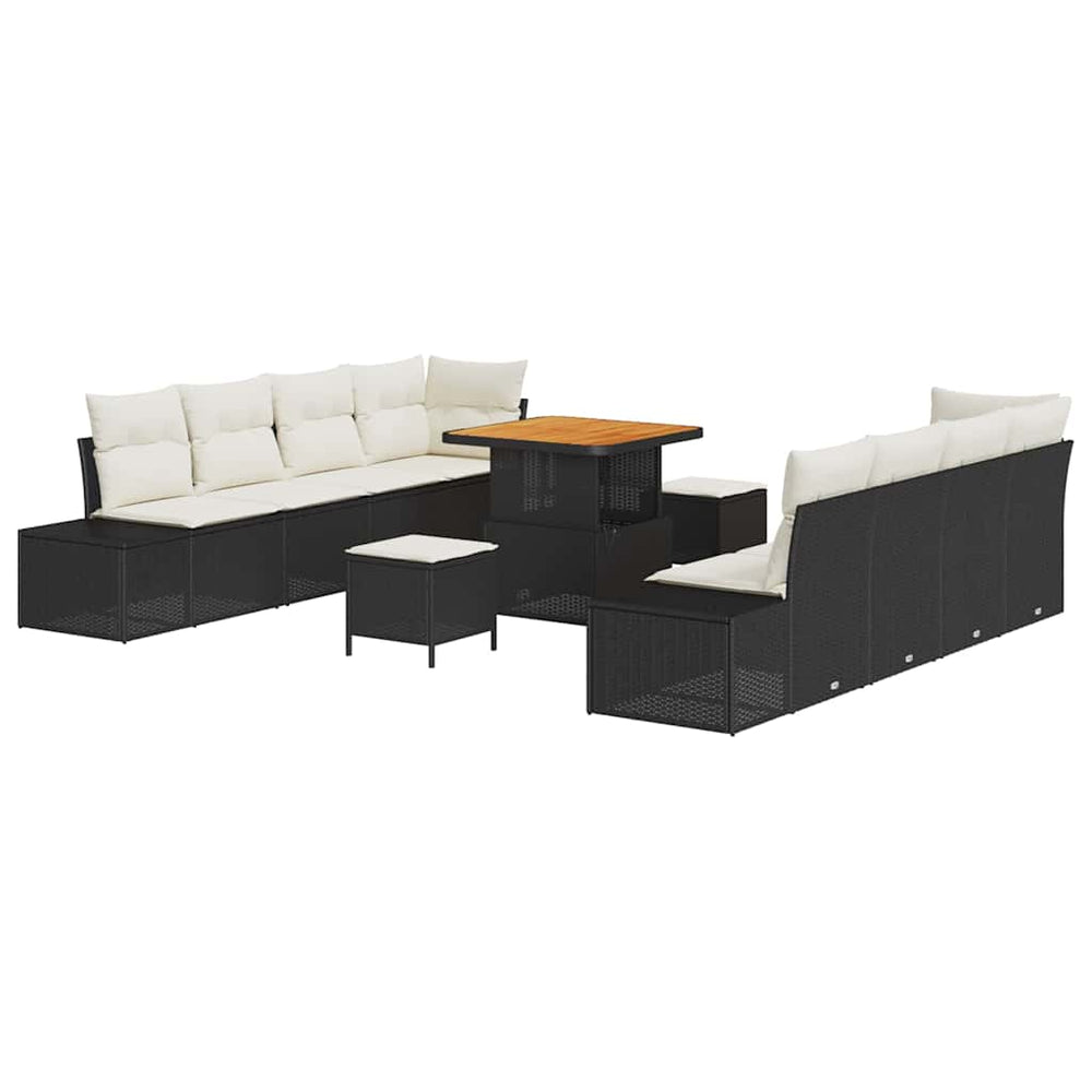 11 Dalių Sodo Sofa Komplektas su Pagalvėlėmis Juoda Poli Ratanas Akacija