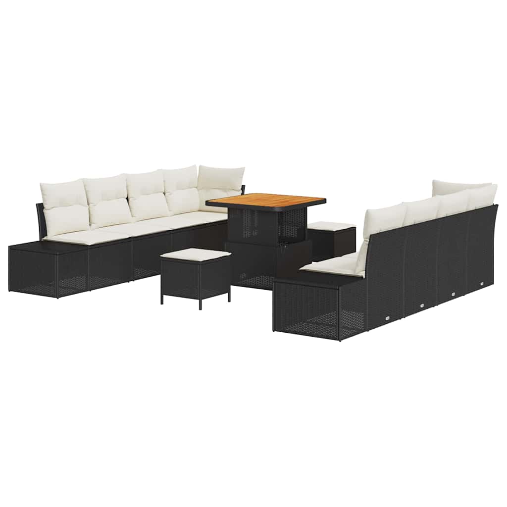 11 Dalių Sodo Sofa Komplektas su Pagalvėlėmis Juoda Poli Ratanas Akacija