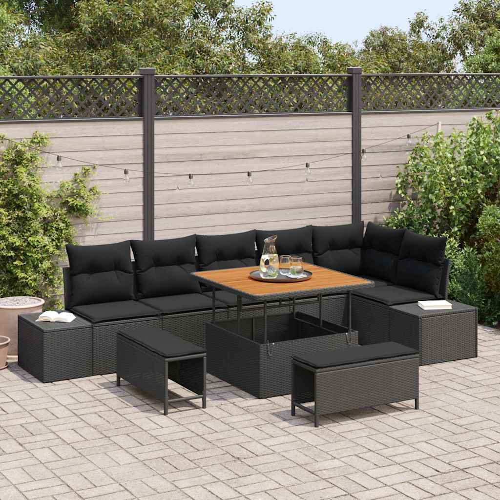 Sodo Sofų Rinkinys su pagalve 9 pcs Juoda Poli ratanas