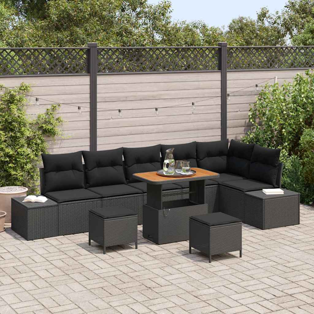 Garden Sofa Set with Cushion 9 pcs Black Poly Rattan
