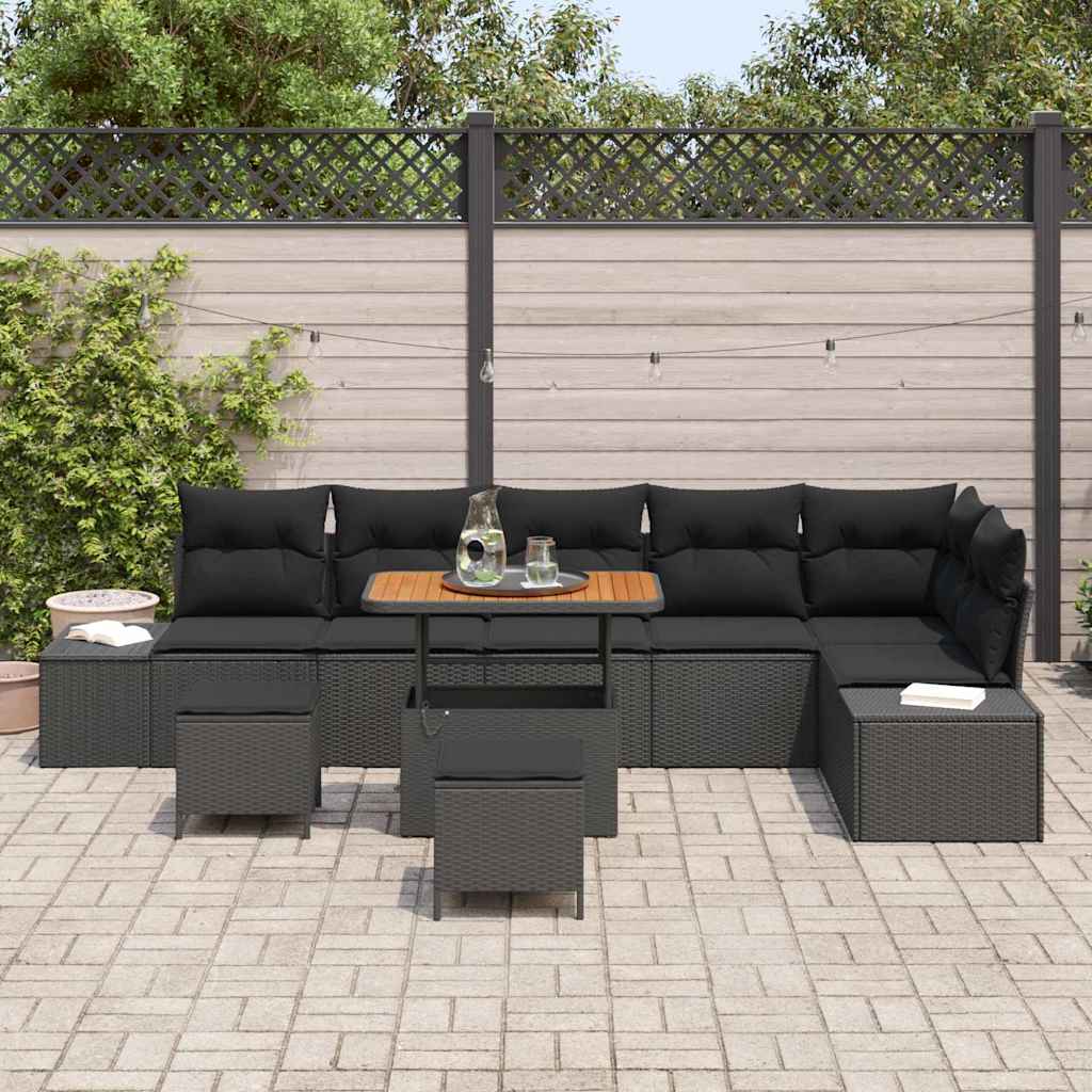 Garden Sofa Set with Cushion 9 pcs Black Poly Rattan