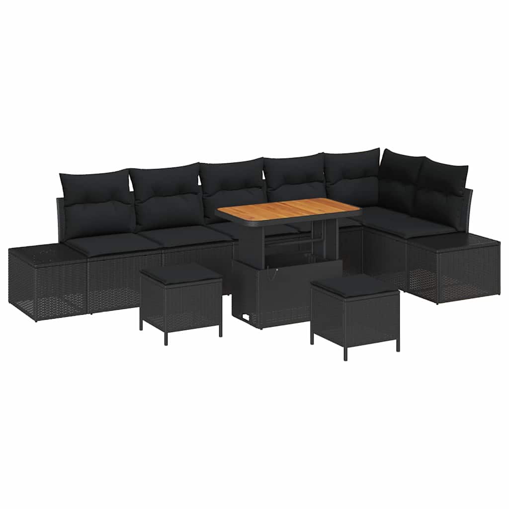 Garden Sofa Set with Cushion 9 pcs Black Poly Rattan