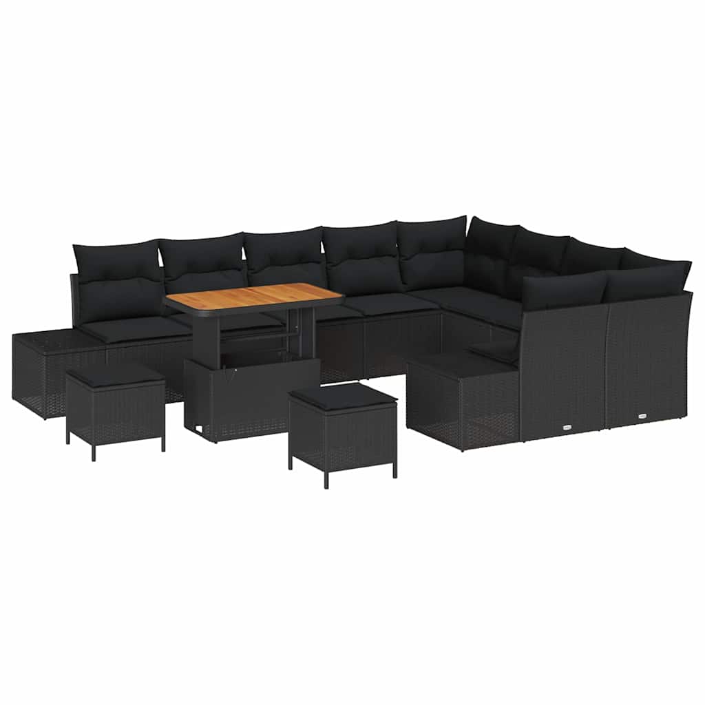 12 dalių sodo sofa su pagalvėlėmis Juoda Poli rattanas Akacija